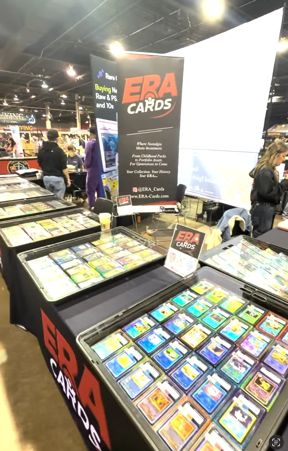 Rows of vintage graded Pokémon holos in the ERA Cards display case