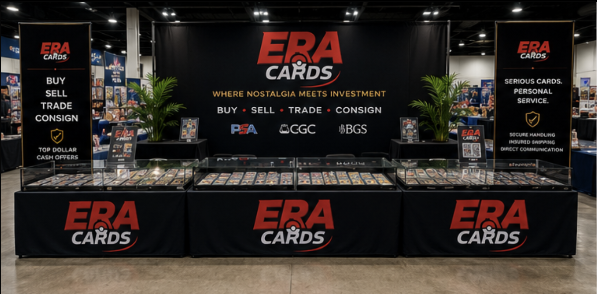 The ERA Cards booth wall with buy, sell, trade and consign banners above the display cases